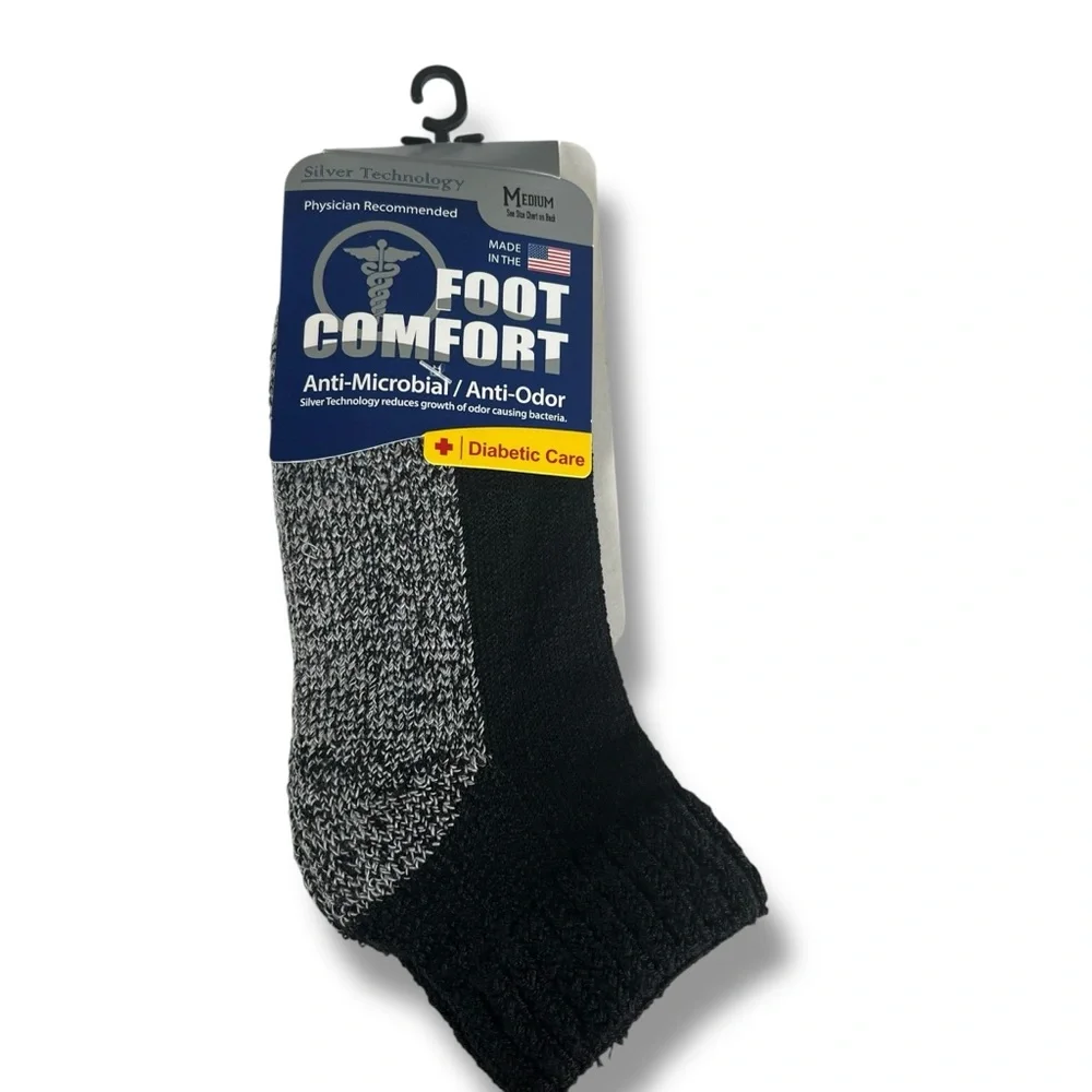 Foot Comfort Mens Size M 4.5-8 Black Gray Quarter Diabetic Socks USA Made 2 Pair